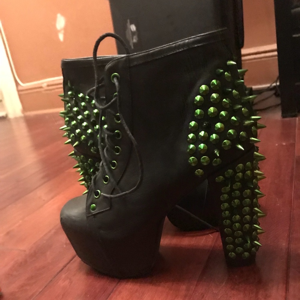 Jeffrey Campbell Black Platform Ankle Boots with Green Spikes